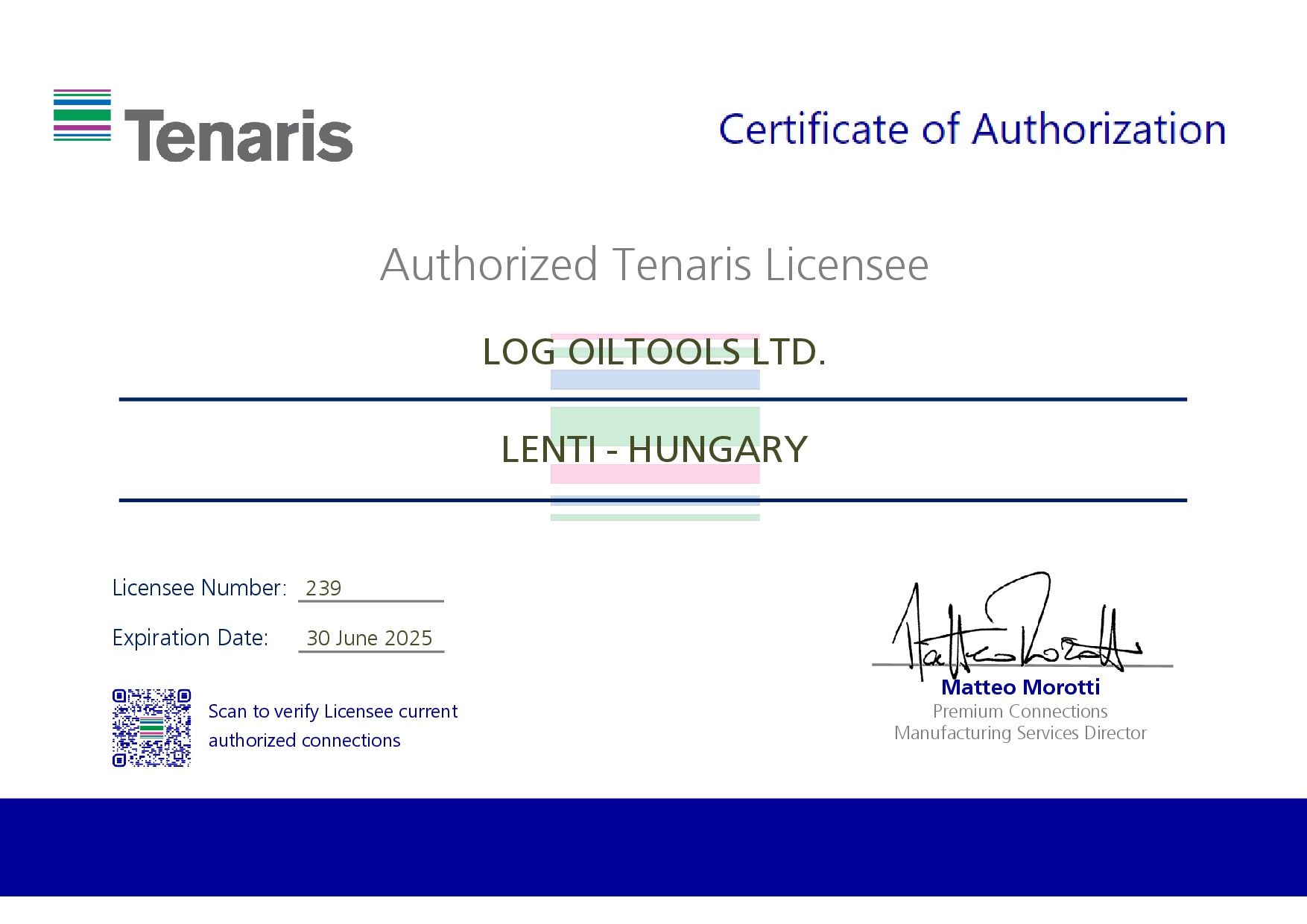 Tenaris Log OilTools Certificate